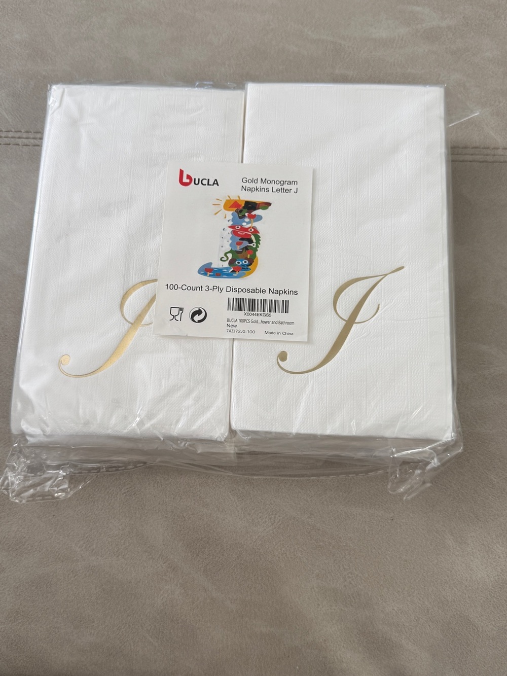 Gold Monogram 'J' Disposable Napkins - White with Gold Letter 100 count